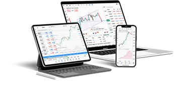 MetaTrader 5 platform displayed on mobile, laptop, and tablet devices